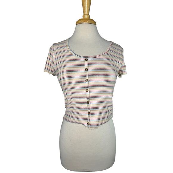 PINK ROSE Rainbow Stripe Ribbed Crop Button Up Baby Tee Size XL Cotton Stretch - Picture 1 of 9